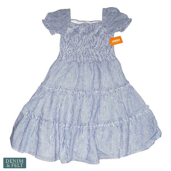 Gymboree Striped Linen-Blend Tiered Blue Puff Sleeve Smocked Dress NEW~NWT!! - Picture 5 of 12